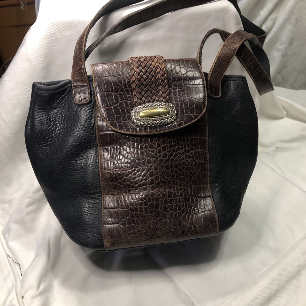 Vintage Brighton Black & Brown Leather Croc Embossed Bucket Bag Shoulder Purse